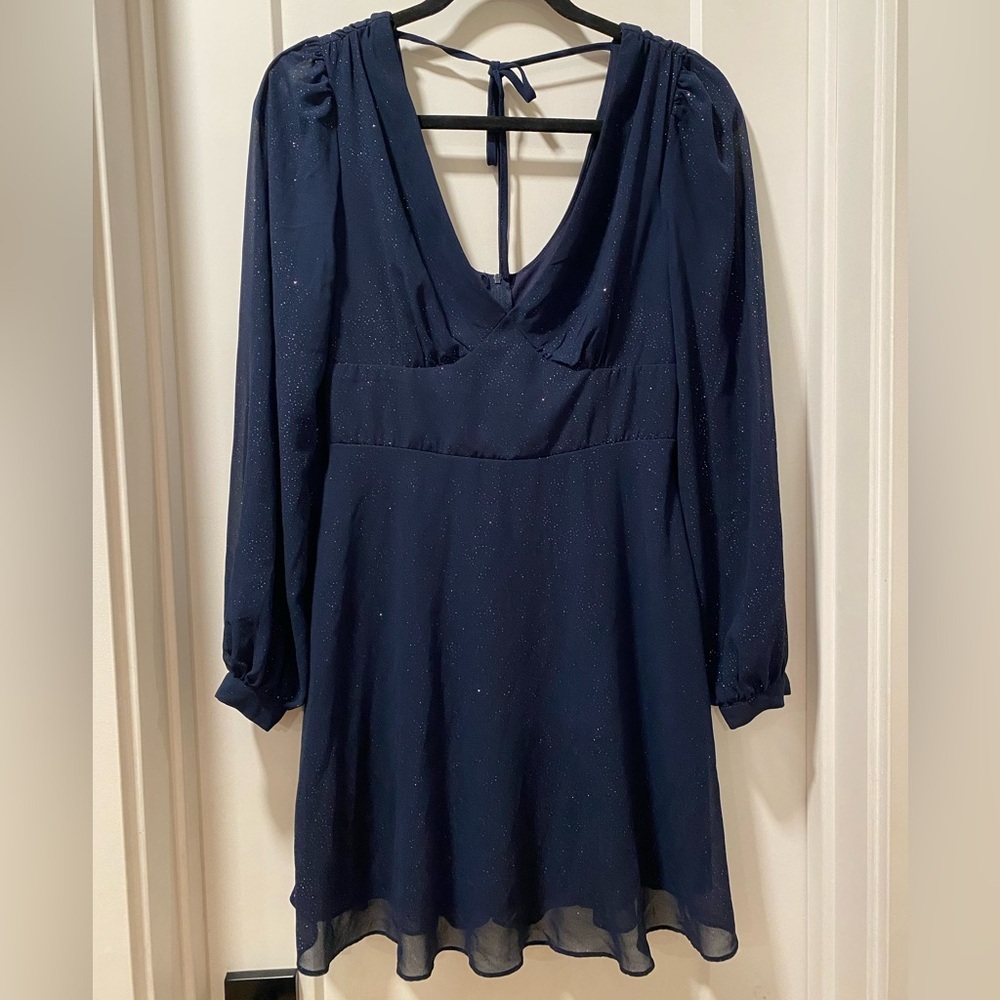 B Darlin Sparkling Midnight Blue Long Sleeve Dress